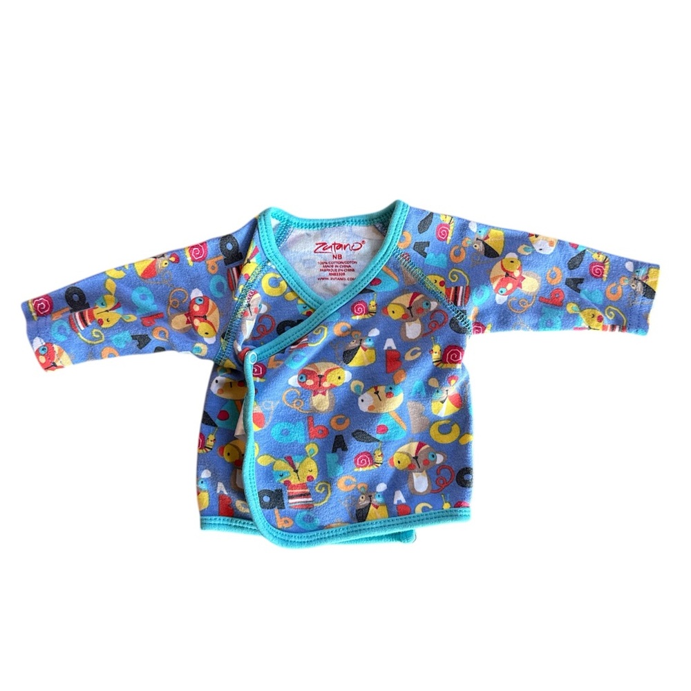 Zutano Newborn NB Kimono Wrap Top‎ Blue ABC Animal Print Side Snap Long Sleeve
